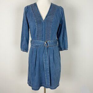 New WHBM Blue Chambray Pintucked Belted Shirt Dress Size 4 Women's